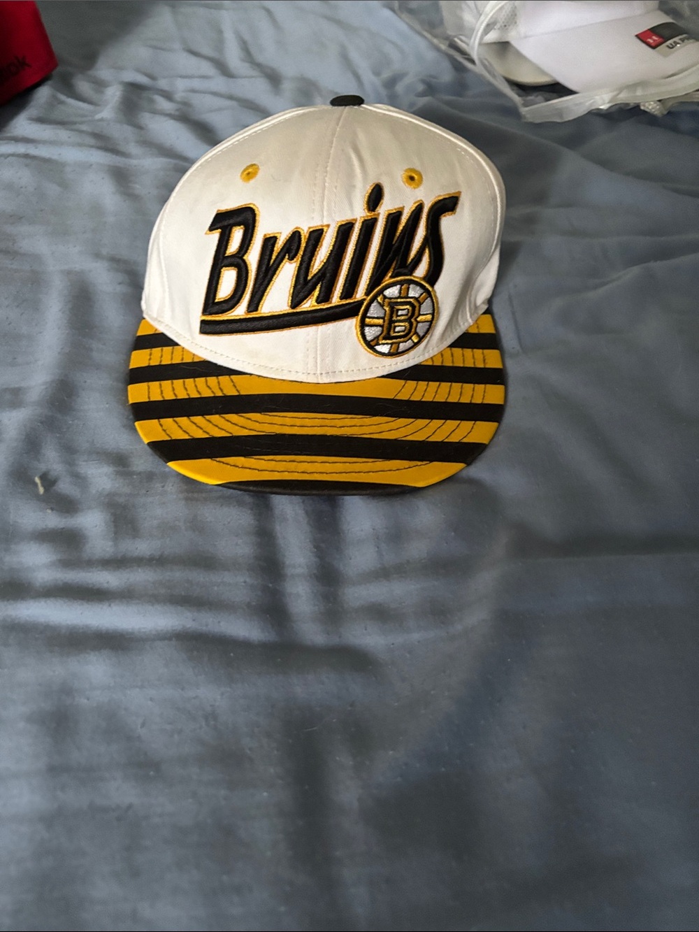 Bruins White and Yellow Striped Snapback Hat